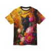 Vibrant yellows, oranges, and deep greens cover this sublimation graphic tee, depicting a black cat amidst a lush floral arrangement and autumnal foliage.