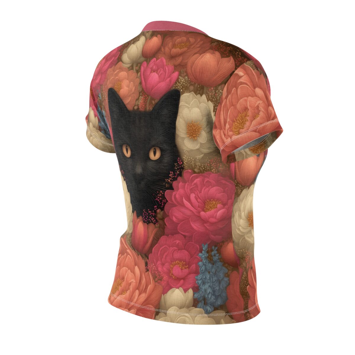 Black cat floral all over print sublimation tee with vintage pattern peonies in a seamless wrap around graphic design.