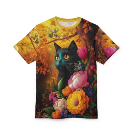 Vibrant oranges, yellows, and pinks cover this seamless pattern tee, featuring a black cat amidst lush floral blooms and autumn leaves.