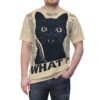 Cream and black text patterns cover this sublimation graphic tee, depicting a shocked black cat with wide eyes and bared fangs.