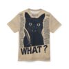 Faded parchment textures and dense text patterns cover this graphic tee shirt, featuring a startled black cat holding a knife with 