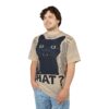 Faded beige and subtle horizontal stripes cover this sublimation graphic tee, featuring a startled black cat and the word 