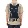 Faded text and grunge textures cover this graphic streetwear tee, with a black cat holding a knife and the word 
