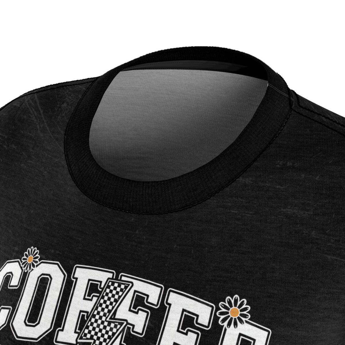 Black crewneck t-shirt with white varsity COFFEE text, daisy accents, and a checkered lightning bolt graphic design.