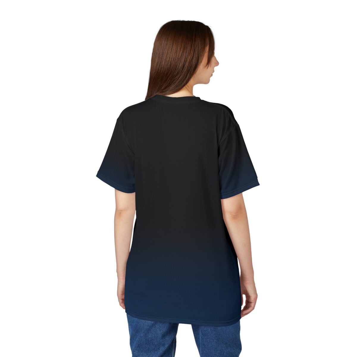 Black and navy blue gradient covers this full print shirt, fading from dark at the top to a lighter shade at the hem.