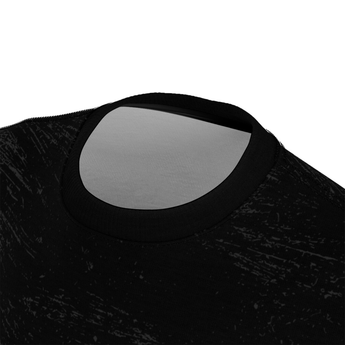 Black and grey abstract scratch marks cover this full print shirt, with a dark background and a visible grey interior lining at the neckline.