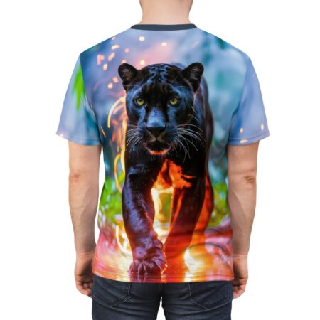 Fiery orange and yellow sparks, and blurred green foliage cover this all over print apparel, depicting a powerful black panther walking through flames and water.