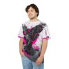 Black, pink, and white graphic elements cover this seamless pattern tee, depicting a raven with outstretched wings against a circular background and abstract geometric designs.