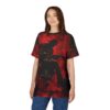 Fiery red and black abstract textures cover this seamless pattern tee, depicting a silhouetted musician playing guitar.