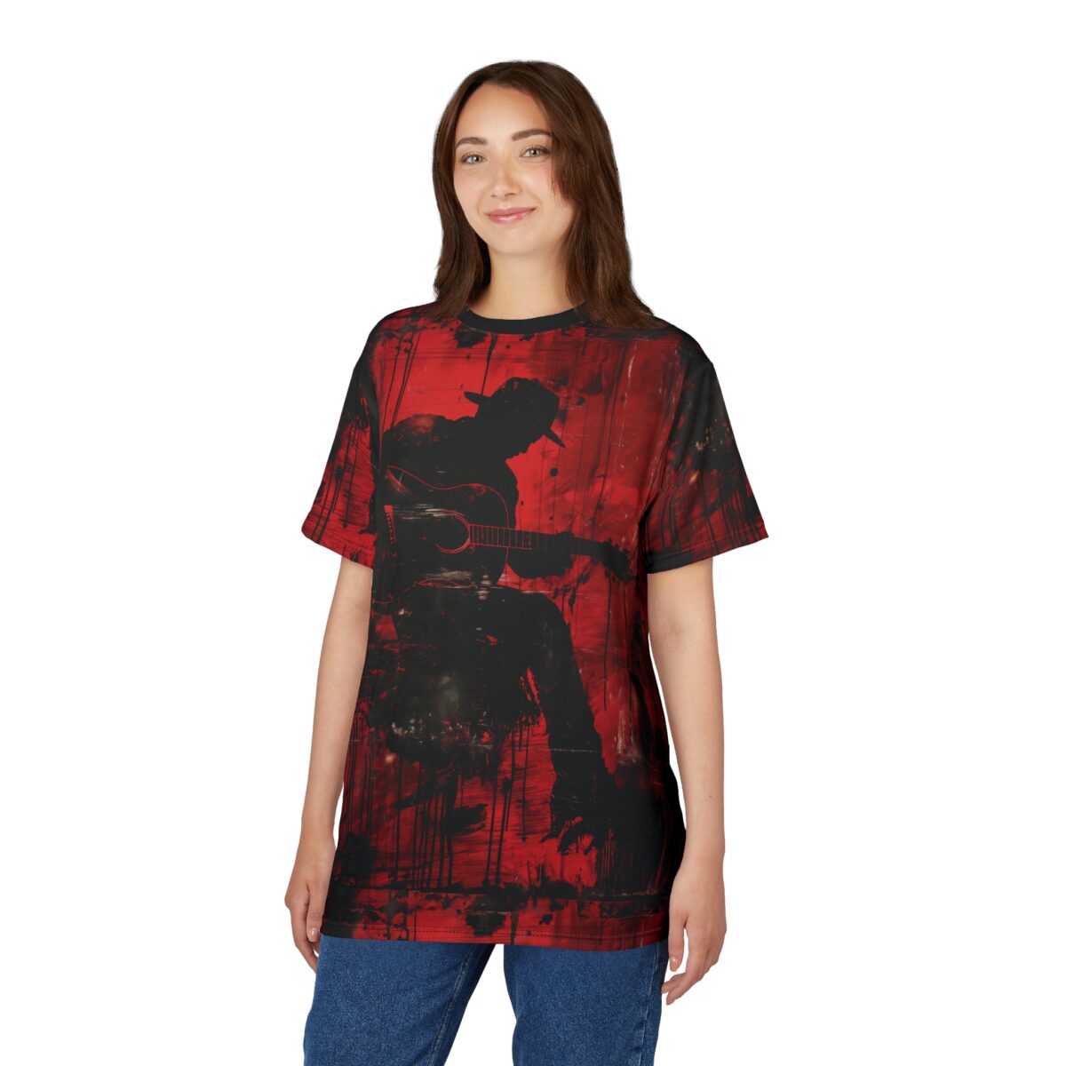 Fiery red and black abstract textures cover this seamless pattern tee, depicting a silhouetted musician playing guitar.