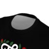 Red roses and green leaves cover this all over print apparel, featuring bold white text on a black background.