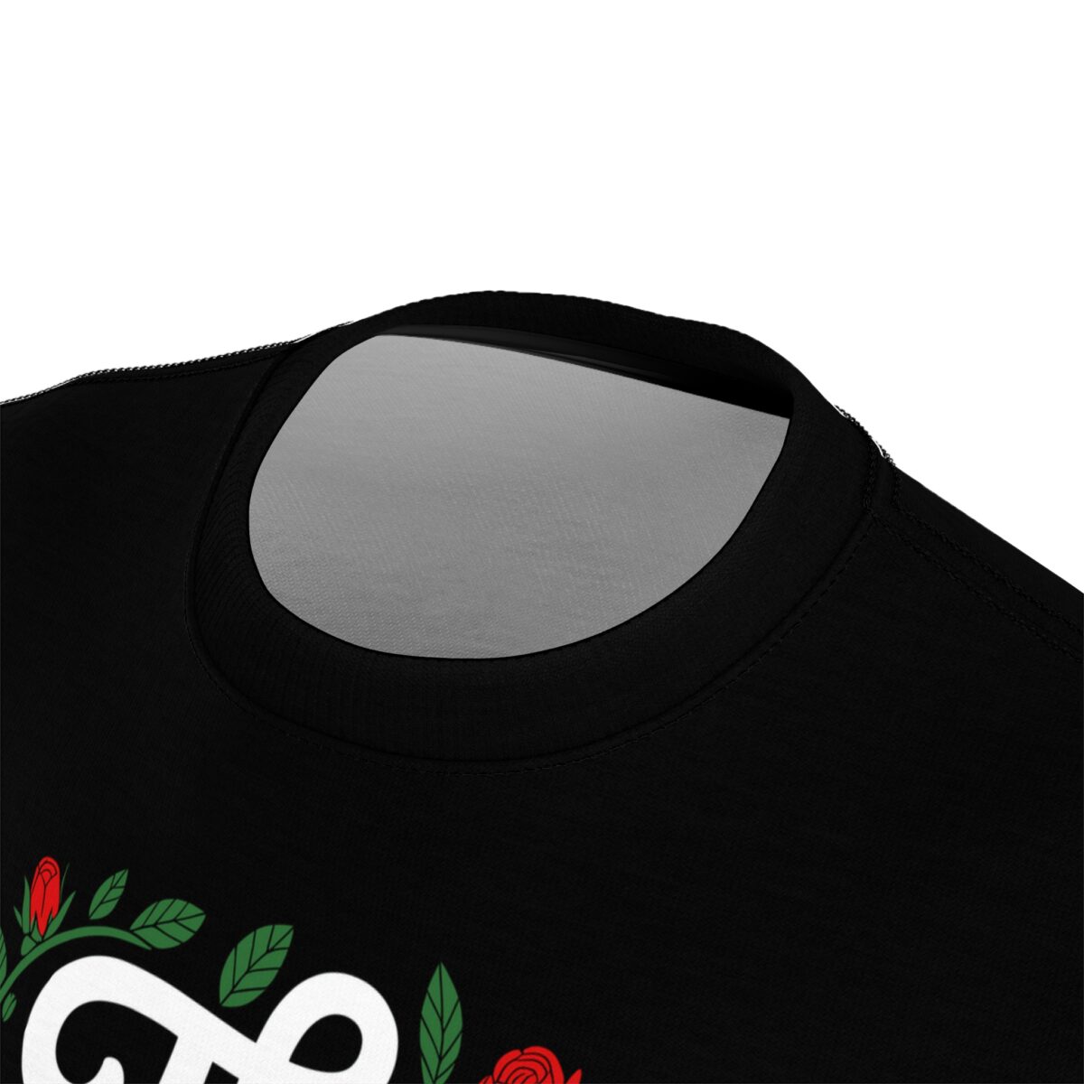 Red roses and green leaves cover this all over print apparel, featuring bold white text on a black background.