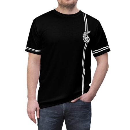 Black t-shirt with white stripes down the side and a white silver fern graphic. Baseball tee style.