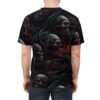 Black and red macabre skulls and tangled roots cover this 3D graphic t-shirt, depicting a dark fantasy scene.