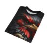Black, red, and gold metallic feathers and gears cover this seamless pattern tee, depicting a detailed steampunk eagle's head.