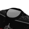 Close-up of the neckline and upper chest area of a black t-shirt featuring a gothic-inspired design. The design includes a detailed, ornate crown and a splash of red, possibly representing a rose or flames, on the left side. The background of the graphic is black with subtle white speckles, resembling stardust. The t-shirt has a black ribbed collar and shows part of the shoulder and sleeve seam. Decorative white swirling lines, reminiscent of art nouveau or filigree, frame the top edge of the graphic design.