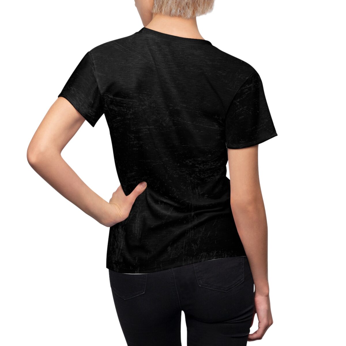 Black t-shirt featuring a distressed, all-over print graphic for a vintage pattern streetwear aesthetic.