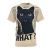 A black t-shirt with a distressed graphic of a black cat with wide eyes and sharp teeth holding a quill pen and the word 
