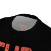 Red and orange distressed lettering and splatter patterns cover this black tee shirt, featuring a skull chef graphic.