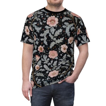 Black sublimation tee, seamless wrap around graphic, pink floral pattern, grey foliage, small red accents.