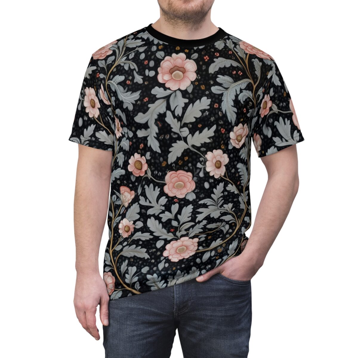 Black sublimation tee, seamless wrap around graphic, pink floral pattern, grey foliage, small red accents.