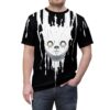 White drips and a ghostly face cover this all over print apparel, set against a black background for a spooky effect.
