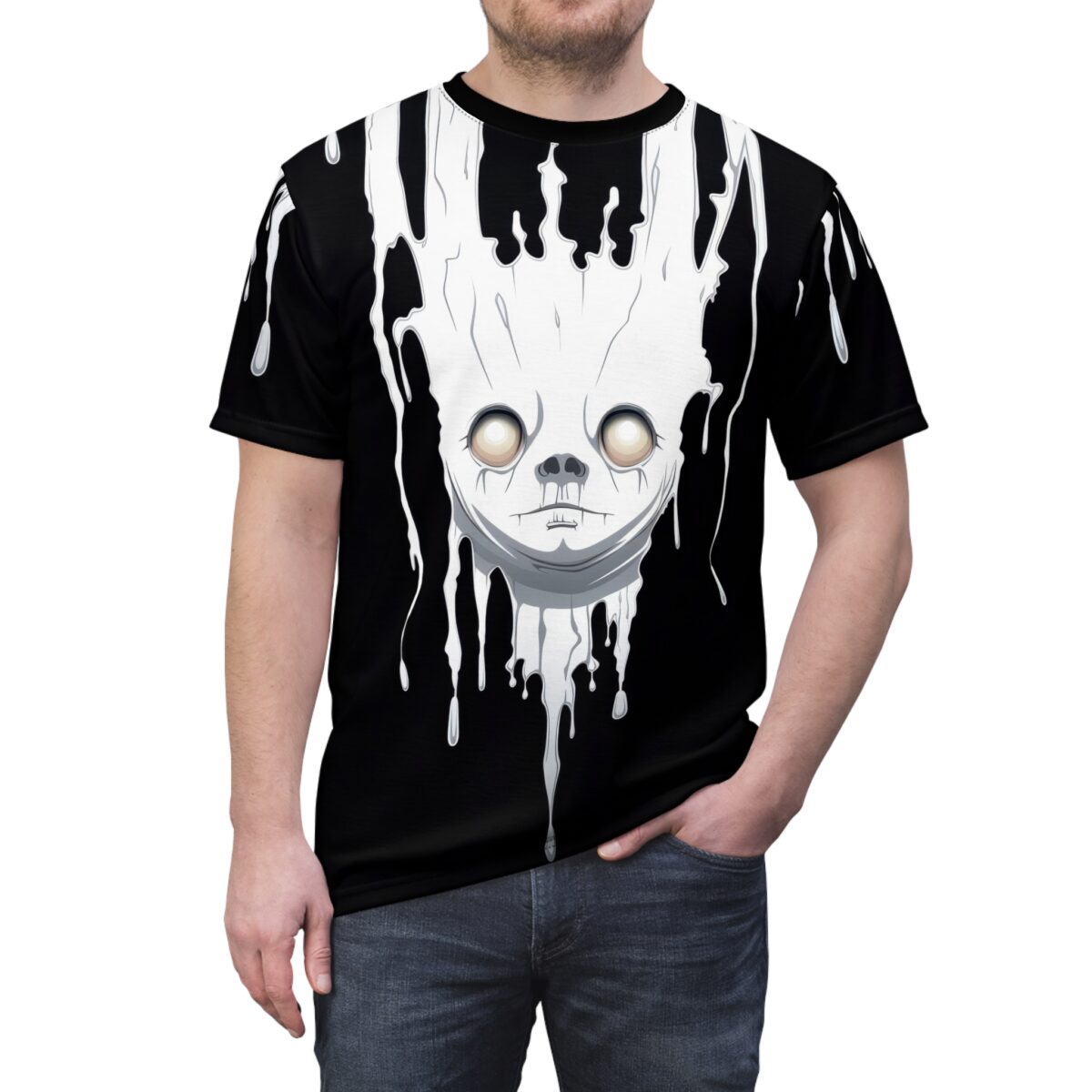White drips and a ghostly face cover this all over print apparel, set against a black background for a spooky effect.