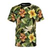 Black sublimation tee, vibrant tropical floral pattern, large orange and yellow hibiscus flowers, lush green foliage, seamless print.