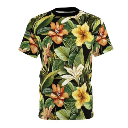 Black sublimation tee, vibrant tropical floral pattern, large orange and yellow hibiscus flowers, lush green foliage, seamless print.