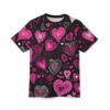 A black t-shirt with a repeating pattern of pink and white hearts of various sizes and styles, some filled with solid pink, others with outlines and stripes, some with dotted borders. Small accent shapes like teardrops and swirls are also present.