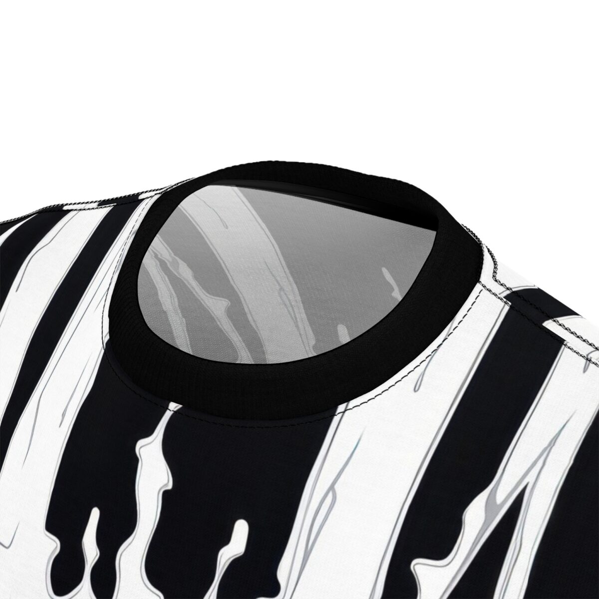 All over print t-shirt, black and white dripping stripes, crew neck collar, seamless print design.