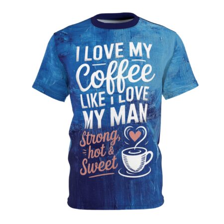 Brushstroke textures in various shades of blue cover this sublimation graphic tee, with white and pink text and a coffee cup design.