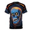 Black fabric with swirling blue and orange lines, featuring a melting blue skull with glowing orange eyes.