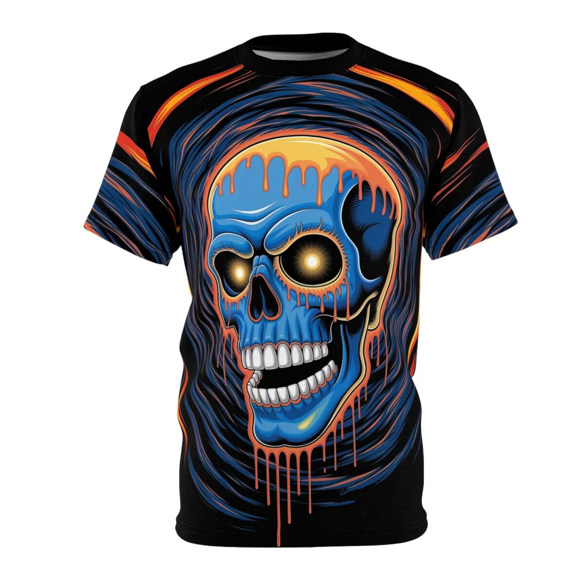 Black fabric with swirling blue and orange lines, featuring a melting blue skull with glowing orange eyes.