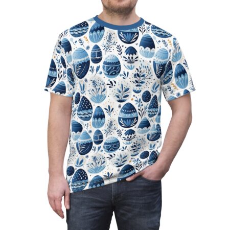 Blue and white Easter egg and floral all over print sublimation tee with a seamless wrap around graphic design.