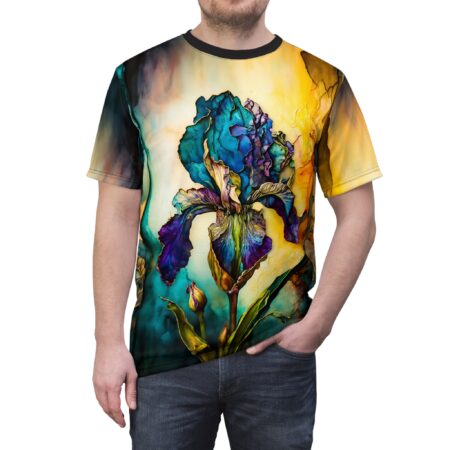Blue and purple iris flower all over print sublimation tee with vibrant yellow and teal background.