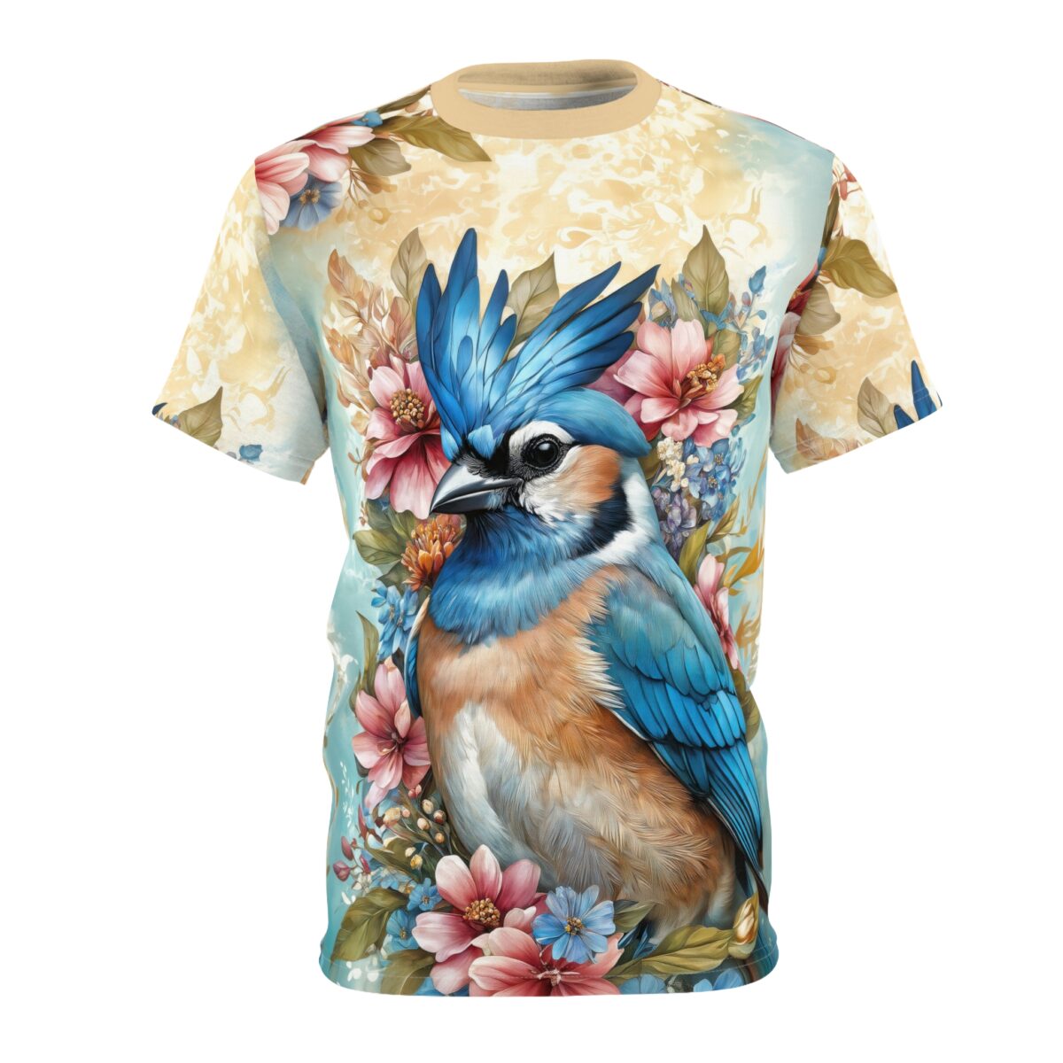 Soft yellow floral patterns and a vibrant blue jay surrounded by pink and blue flowers cover this patterned tee shirt.