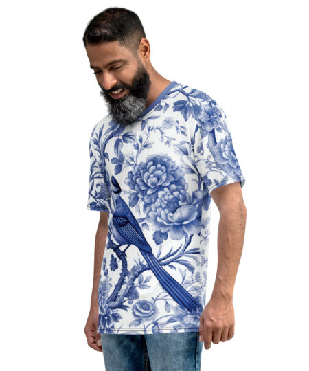 Blue Ornate Vintage Bird All Over Print Uni-Sex T-Shirt