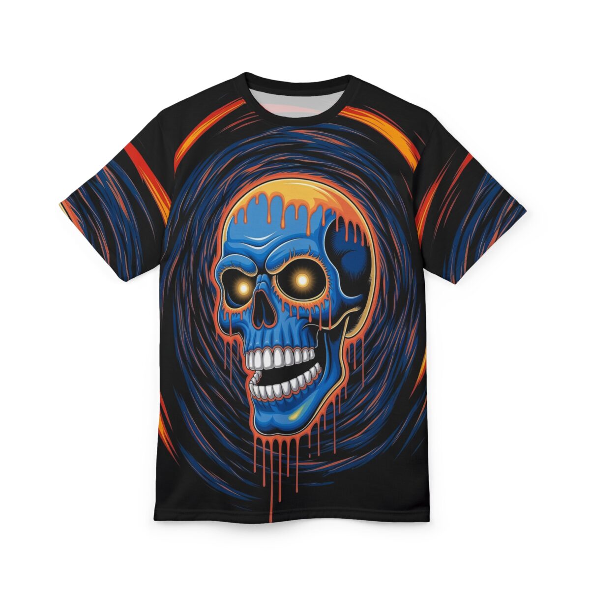 Blue, yellow, orange, and red streaks form a vortex around a blue skull with glowing eyes and dripping orange goo.