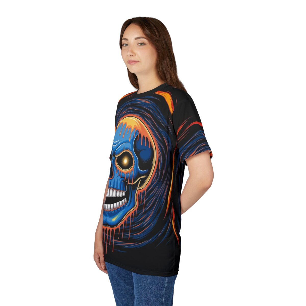 Electric blue and molten orange hues cover this 3D graphic t-shirt, depicting a fierce skull with glowing eyes and dripping effects.