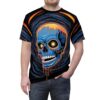 Black with swirling blue and orange lines, a bright blue skull with glowing yellow eyes and dripping orange paint.