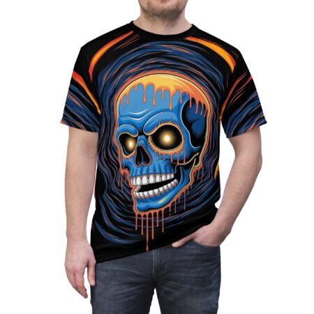 Black with swirling blue and orange lines, a bright blue skull with glowing yellow eyes and dripping orange paint.