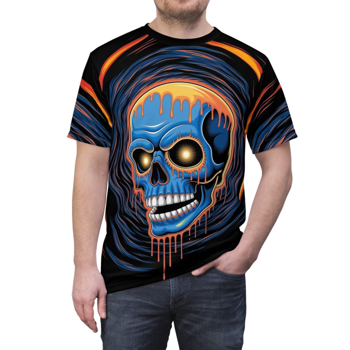 Black with swirling blue and orange lines, a bright blue skull with glowing yellow eyes and dripping orange paint.