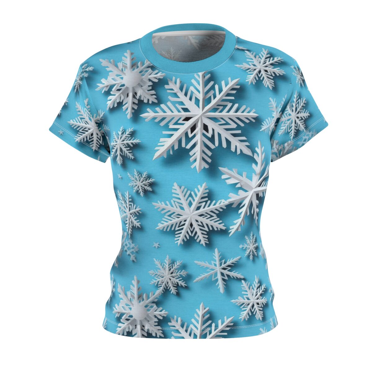 All over print sublimation tee with a seamless wrap around graphic of white 3D snowflakes on a bright blue background.