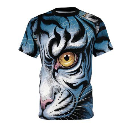 Blue, black, and white tones of a tiger's face with yellow eyes cover this seamless pattern tee, featuring intricate line work and a subtle grid background.