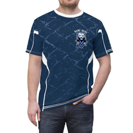 Dark navy and light blue abstract paint splatters cover this full print shirt, with white side panels and a tiger logo.