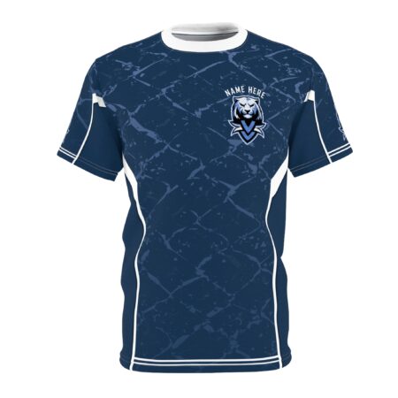 Dark blue and lighter blue marble-like textures cover this graphic streetwear tee, with white piping on the sides and sleeves, and a tiger logo on the chest.