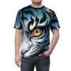 Blue tiger face all over print sublimation tee with intense yellow eye and black stripes on a seamless wrap around graphic.