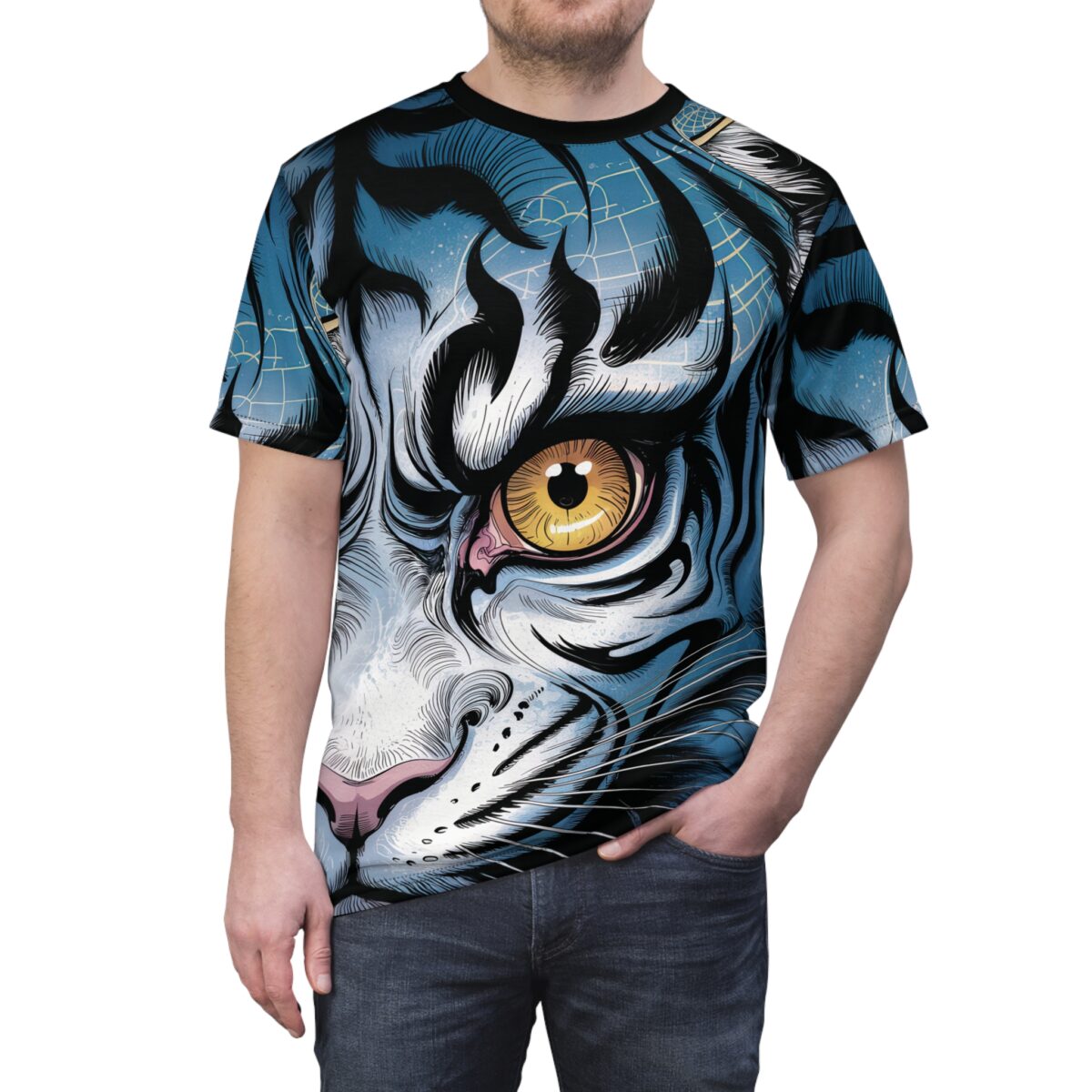 Blue tiger face all over print sublimation tee with intense yellow eye and black stripes on a seamless wrap around graphic.