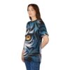 All over print sublimation tee featuring a striking blue tiger face graphic with intense yellow eye and intricate details.